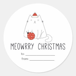 Schattigee Witte Kat Santa Hoed met Kerstmis Ornam Ronde Sticker