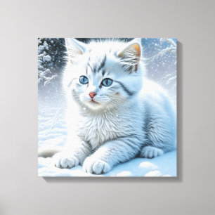 Schattigee witte kat spelen in de sneeuw canvas afdruk
