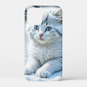 Schattigee witte kat spelen in de sneeuw iPhone 12 mini hoesje