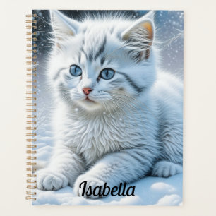 Schattigee witte kat spelen in de sneeuw gepersona planner