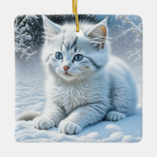Schattigee witte kat spelen in de sneeuw kerst keramisch ornament