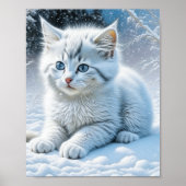 Schattigee witte kat spelen in de sneeuw poster (Voorkant)