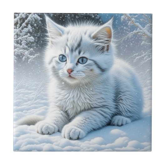 Schattigee witte kat spelen in de sneeuw tegeltje (Voorkant)