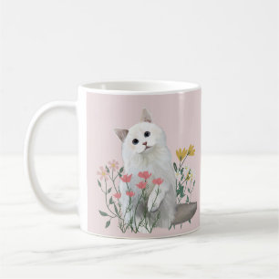 Schattigee witte kat vrolijke bloemen roze koffiemok