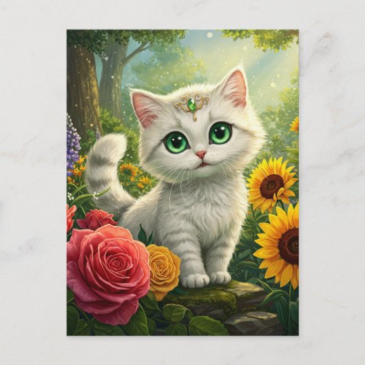 Schattigee Witte Kattenbloem Fantasy Groene Ogen B Briefkaart (Voorkant)