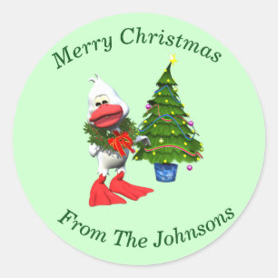 Schattigee witte kerst eend met een krans ronde sticker