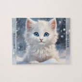 Schattigee Witte Kitten Kat Winter Snow Custom Nam Legpuzzel (Horizontaal)