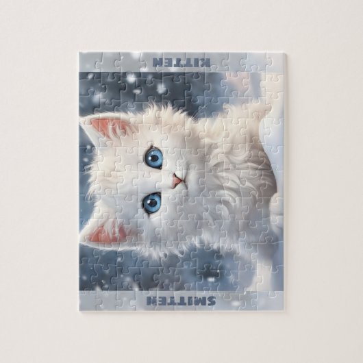 Schattigee Witte Kitten Kat Winter Snow Custom Nam Legpuzzel (Verticaal)