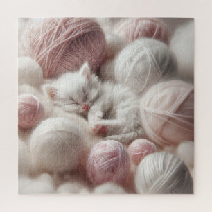 Schattigee witte kitten napping in garen legpuzzel