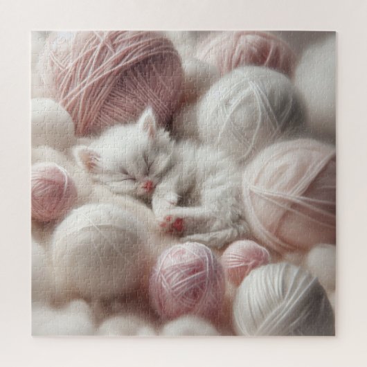 Schattigee witte kitten napping in garen legpuzzel (Verticaal)