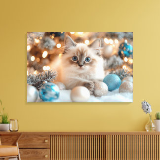 Schattigee witte kitten viert kerst canvas afdruk