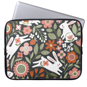 Schattigee witte konijnen, bloemenmotief in vintag laptop sleeve