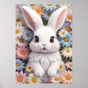 Schattigee witte konijnenpastel Daisy Flowers Poster