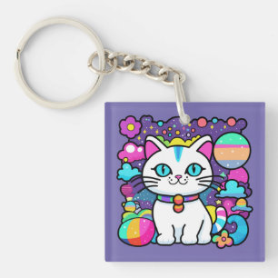 Schattigee witte kosmische ruimte kitty cat sleutelhanger
