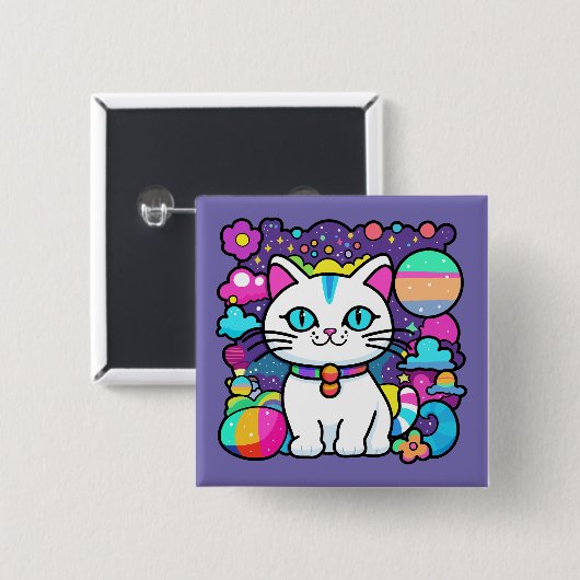 Schattigee witte kosmische ruimte kitty cat vierkante button 5,1 cm (Voorkant /achterkant)