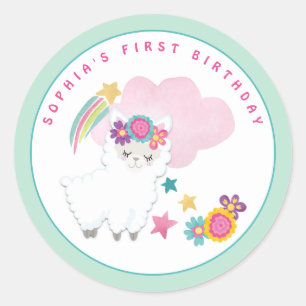 Schattigee witte lama naam eerste verjaardagsfeest ronde sticker