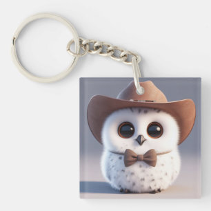Schattigee witte pluizige uil met een cowboy pet sleutelhanger
