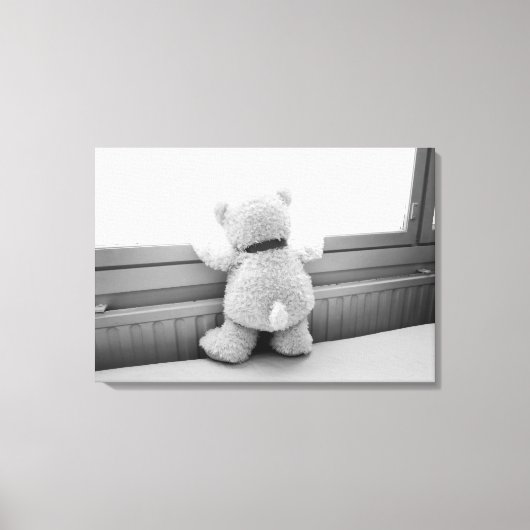 Schattigee witte teddybeer kijkt uit het raam canvas afdruk (Voorkant)