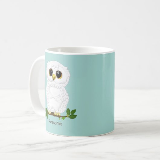 Schattigee witte uil en laurier bladeren op Blauwg Koffiemok (Voorkant links)