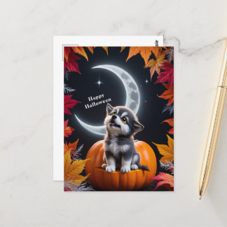 Schattigee Wolf met Crescent Moon Nighttime Autumn Briefkaart