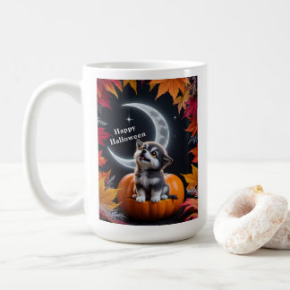 Schattigee Wolf met Crescent Moon Nighttime Autumn Koffiemok