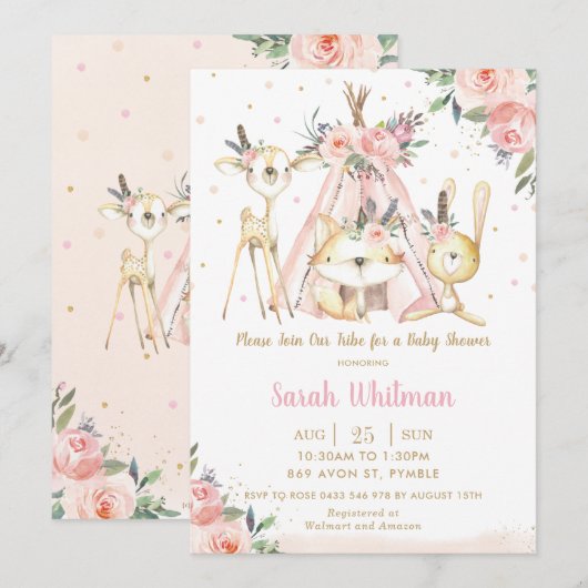 Schattigee Woodland Animals Boho Tribal Girl Baby  Kaart (Voorkant / Achterkant)