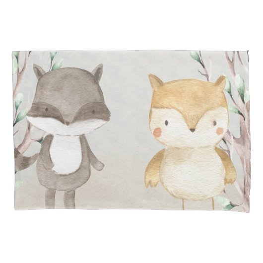 Schattigee Woodland Animals Wasbeer en uil Kussensloop (Voorkant)