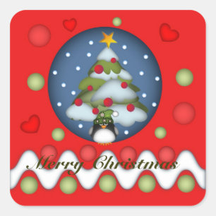 Schattigee Xmas sticker met boom, pinguïn & tekst