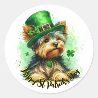 Schattigee Yorkie St. Patrick's Day Waterverf Art Ronde Sticker