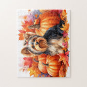 Schattigee Yorkie Terrier Herfstbladeren en pompoe Legpuzzel (Verticaal)