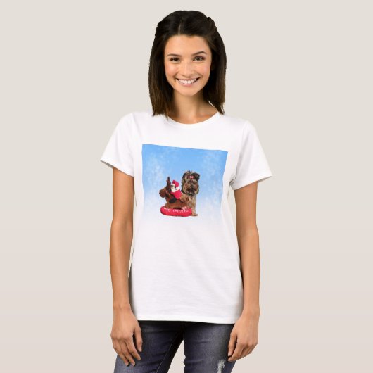 Schattigee Yorkshire Terrier Vrolijk kerstfeest T-shirt (Voorkant volledig)