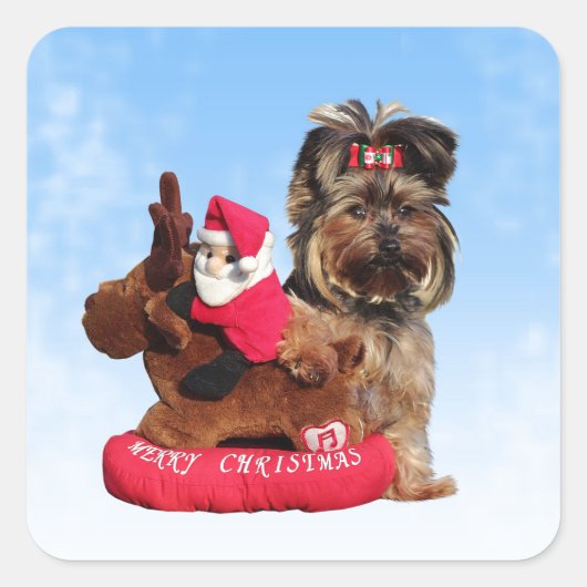 Schattigee Yorkshire Terrier Vrolijk kerstfeest Vierkante Sticker (Voorkant)
