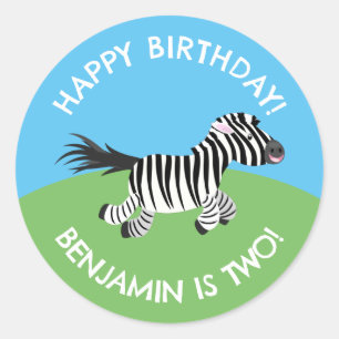 Schattigee zebra gepersonaliseerde cartoon verjaar ronde sticker