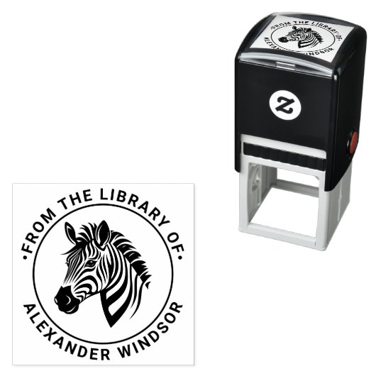 Schattigee Zebra Head Round Library Boeknaam Zelfinktende Stempel (In situ)