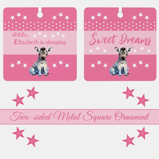 Schattigee zebra shhh voeg naam is slapende roze metalen ornament