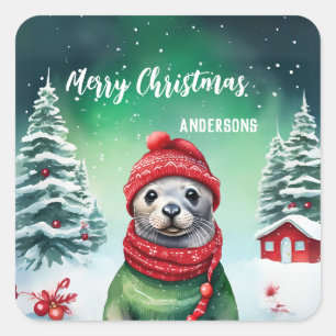 Schattigee zeehond Kerstman Kerstfeest sneeuwfeest Vierkante Sticker