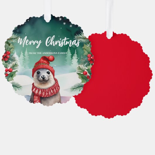 Schattigee zeehond zee leeuw Santa Xmas Holiday Pa Ornament Kaart (Voorkant / Achterkant)