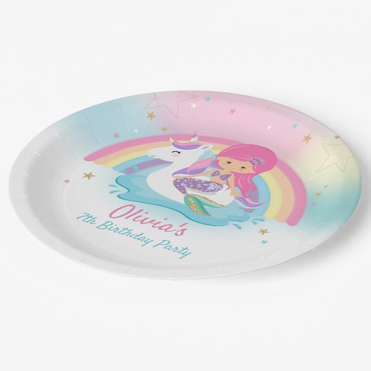 Schattigee Zeemeermin en Eenhoorn Zwembad Verjaard Papieren Bordje (Gekanteld)