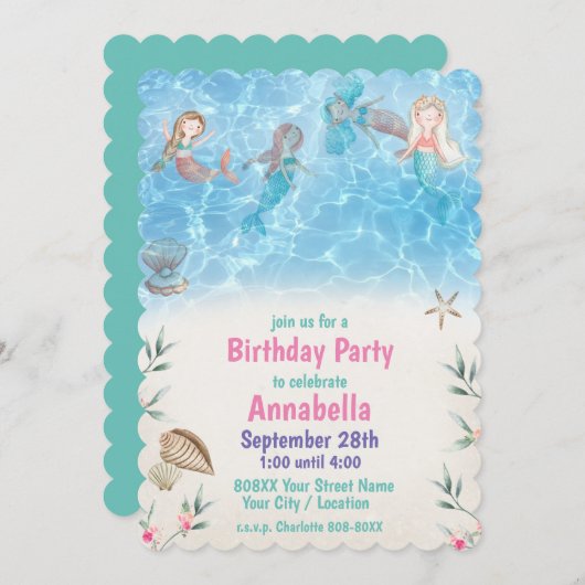 Schattigee zeemeerminnen zwemmen op het strand kaart (Voorkant / Achterkant)