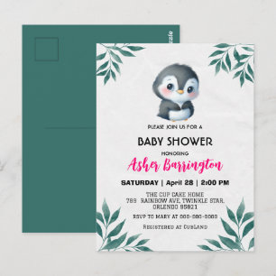 Schattigee zoete pinguïn lente bladeren baby showe briefkaart