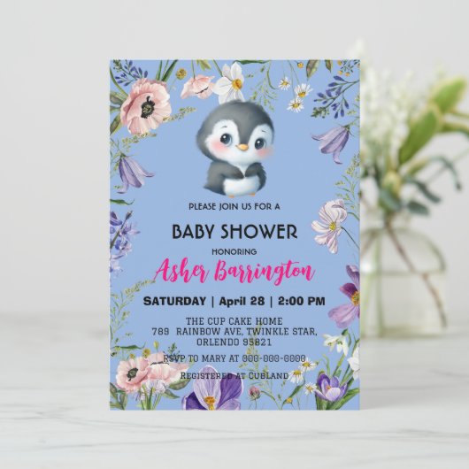 Schattigee zoete pinguïn Rustieke bloem baby showe Kaart (Staand voorkant)