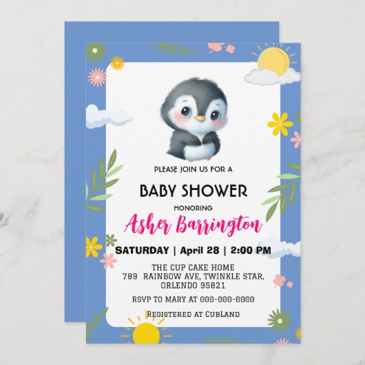 Schattigee zoete pinguïn zon sky bloem baby shower kaart (Voorkant / Achterkant)