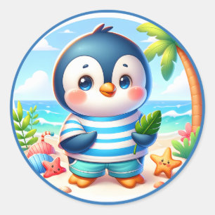 Schattigee Zomerpinguïn liefhebbers strand Ronde Sticker