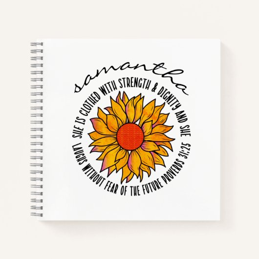 Schattigee zonnebloem bijbelvers Spreuken 31 Notitieboek (Voorkant)