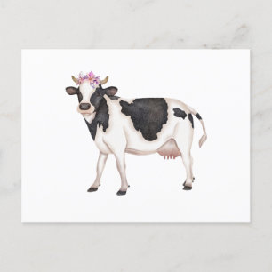 Schattigee zwart-wit Waterverf Koe met bloemen Briefkaart
