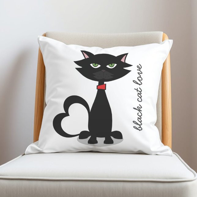 Schattigee zwart-witte Cartoon Cat Sierkussen (add your black cat's name and perhaps change the background color to your kitty's favorite color too)