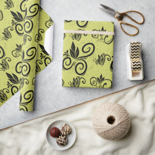 Schattigee Zwarte Bloemen  Patroon Geel Cadeaupapier