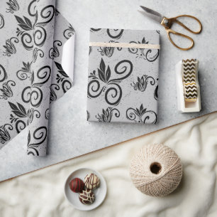 Schattigee Zwarte Bloemen  Patroon Lichtgrijs Cadeaupapier