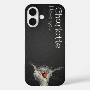 Schattigee zwarte cartoon katten naam houtskool iPhone 16 hoesje