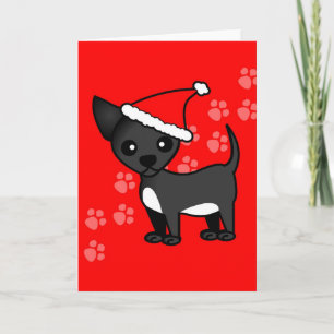 Schattigee zwarte Chihuahua Cartoon Santa Hat Feestdagen Kaart